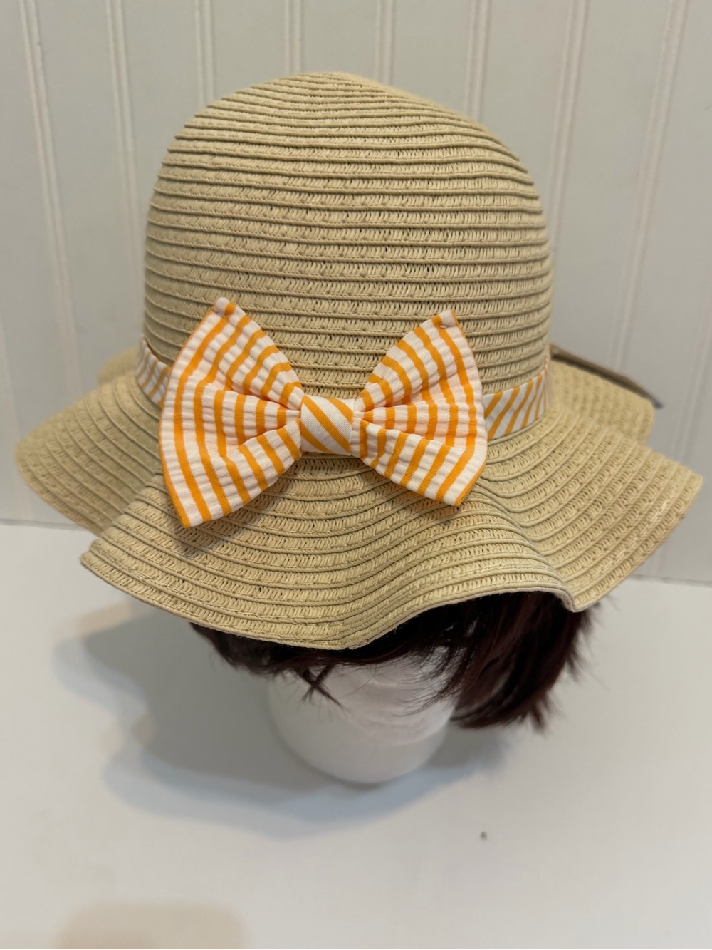 Tommy Bahama Beige Straw Sun Hat kids size with Yellow-White Striped Bow New